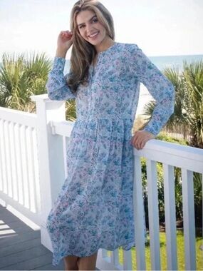 Simply Southern | Colorful Confetti Midi Shirt Dress Preppy Summer Blue Large